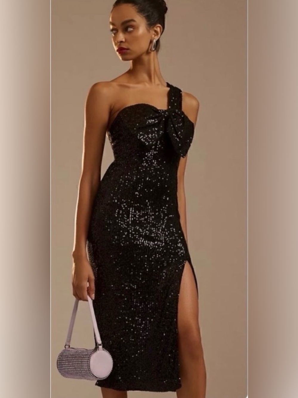 leena by Mac Duggal 11286 Black One-Shoulder Sequin Evening Dress with Side Slit